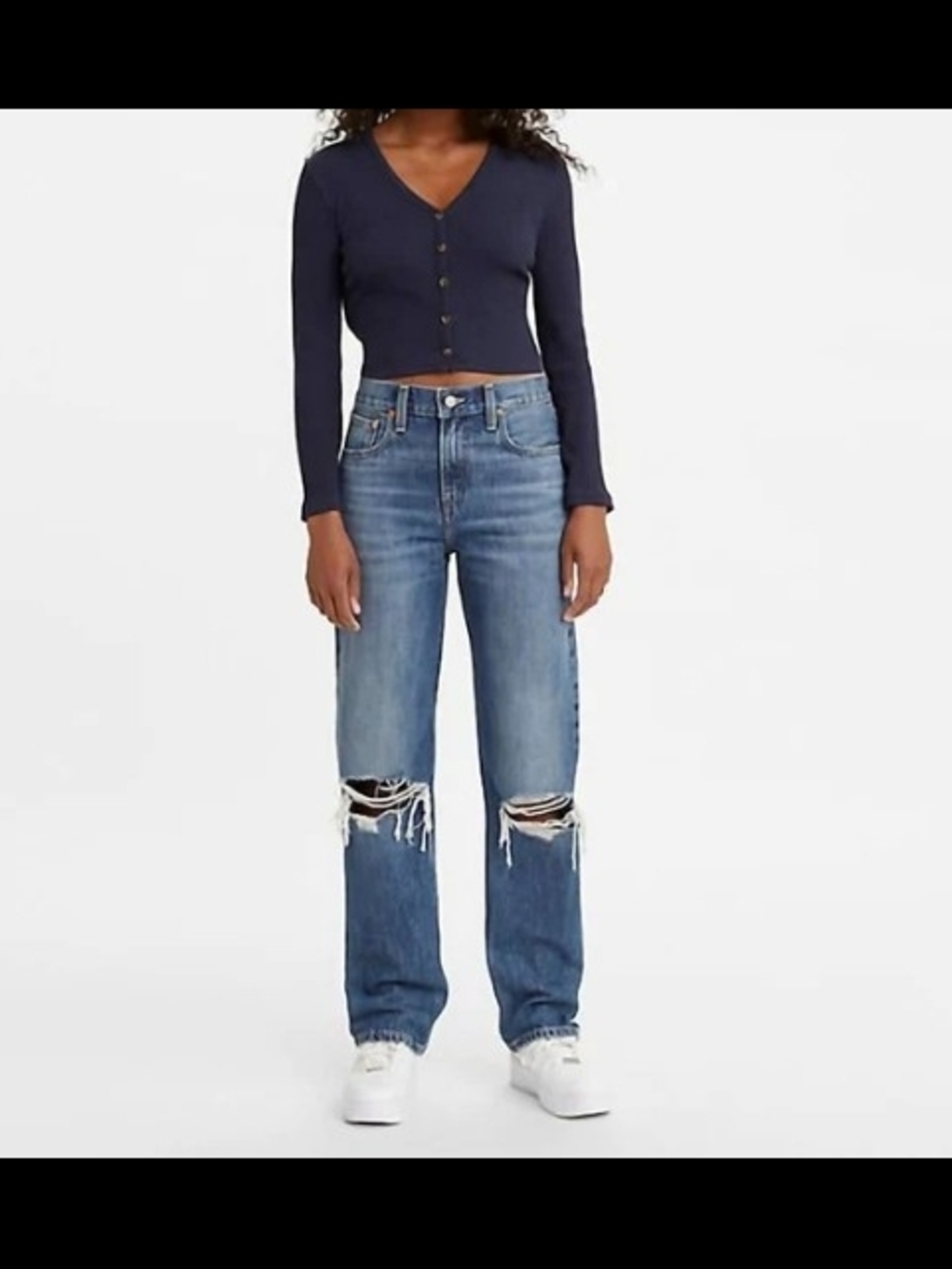 Levis Low Pro Distressed Straight-Leg Jeans in Medium Blue